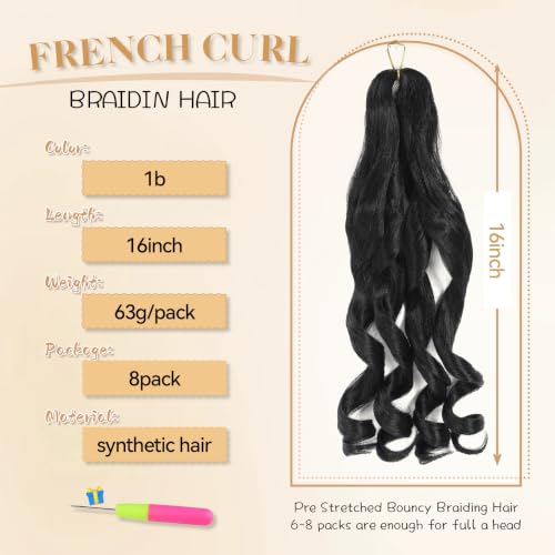 16 Inch French Curl Braiding Hair Extensions - 1B, 7 Packs