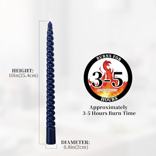 KONNI 10-Inch Blue Spiral Taper Candles - 4 Pack, Smokeless & Long Burning
