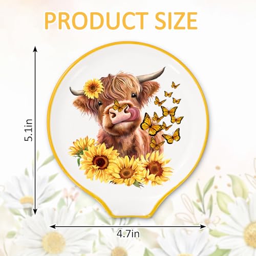 Highland Cow Spoon Rest with Sunflower & Butterfly Design - 4.7in