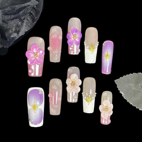 BByogooz Handmade 3D Sakura Press On Nails - Square French Tip Acrylic Set