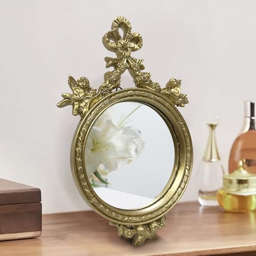 Vintage Gold Makeup Desk Mirror with Ornate Bow Design