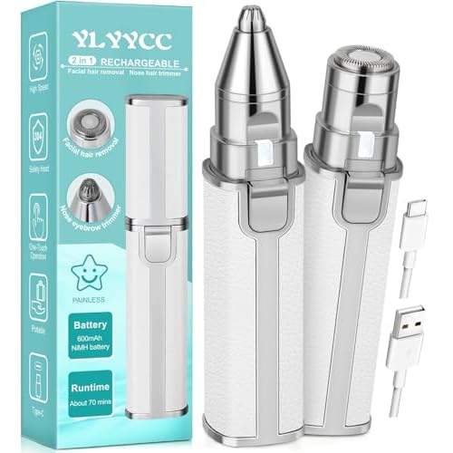Facial Hair Removal for Women: 2-in-1 Rechargeable Nose Hair & Eyebrow Trimmer, Face Shaver with Built-in LED Light for Removing Chin, Upper and Lower Lip Area Peach Fuzz