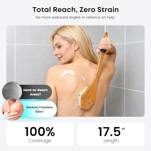 Eaxun 17.5-Inch Bamboo Back Scrubber with Curved Handle for Shower and Skin Exfoliation