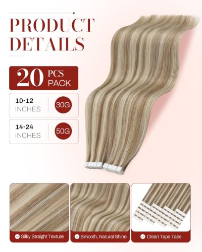 Moresoo Tape-in Hair Extensions Beige Blonde 12in 20pcs 30g with Light Brown Highlighted Platinum – Variation #1-9AP60