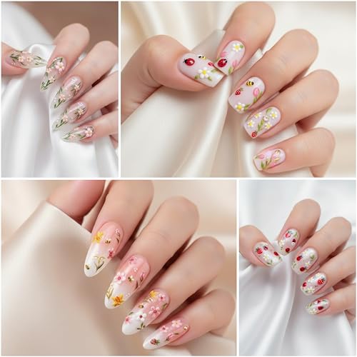 5D Summer Nail Stickers - Floral Bee & Ladybug Decals (3 Sheets)