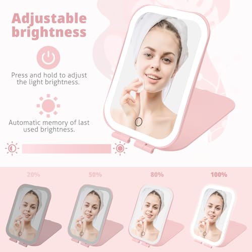 Portable Rechargeable Makeup Mirror with 3 LED Colors - 7.9x5.4 inch, Pink