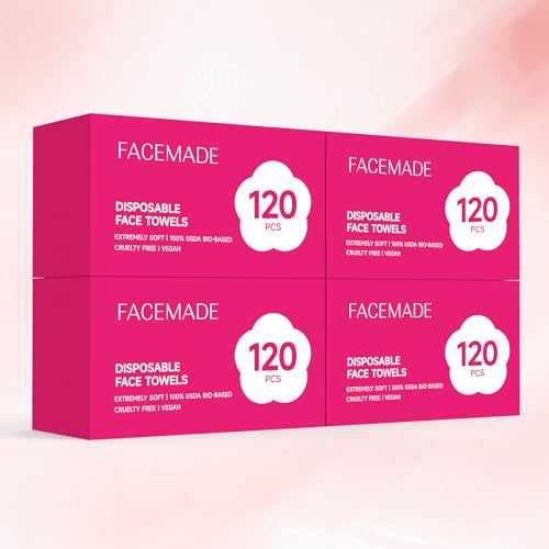 FACEMADE 480 Count Disposable Face Towels – 4 Packs, 7.9 x 7.9 in, Biobased Soft Facial Wipes