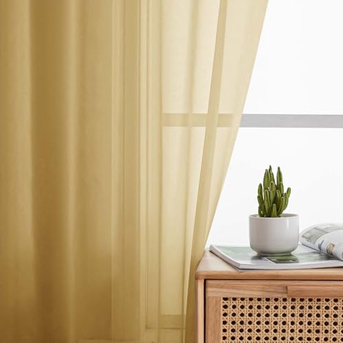 Gold Sheer Curtains - 84 Inch Long Light Filtering Drapes, Set of 2
