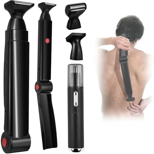 Back Shavers for Men Long Handle,Multifunctional Self-Service Electric Back Hair Razor with Adjustable Handle,Men's Back Shaver wiht Nose Hair Trimmer Set and 2 Shock Absorber Flex Heads£¬Black