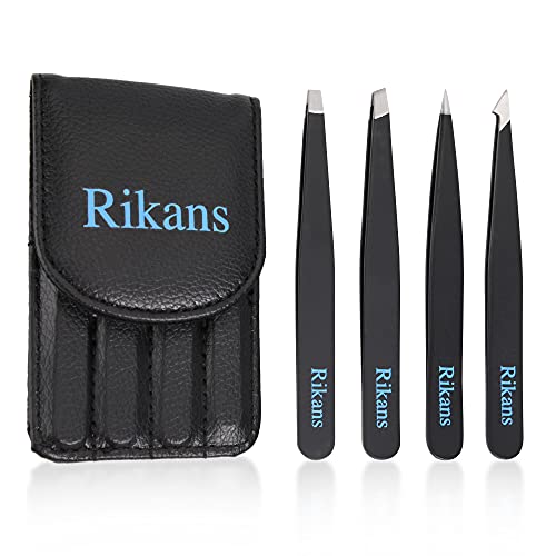 Rikans Precision Tweezers Set - 4-Piece Stainless Steel Eyebrow & Splinter Tweezers with Carry Pouch