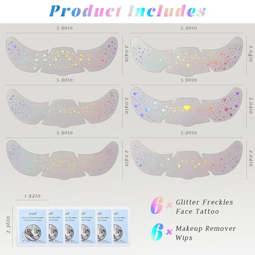 Holographic Glitter Freckles Face Tattoos - 6pcs Waterproof Makeup Patches