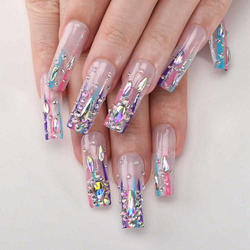 Rainbow Colorful Stripes & Rhinestones Press On Nails - Long Square, Hand-Set, 24 Count