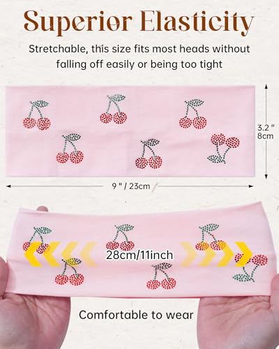 Mesovor 3-Pack Stretchy Cherry Rhinestone Headbands for Women & Girls