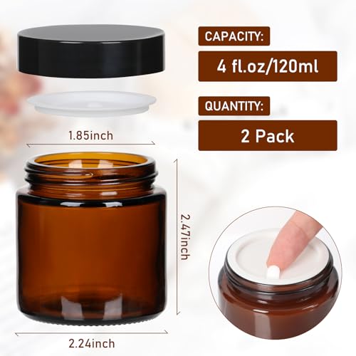 Jaisie.W 4 oz Amber Glass Jars 2 Pack with Black Leakproof Lids & Inner Liners