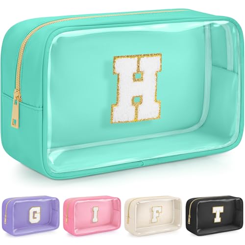 Personalized Initial Makeup Bag - WELIDAY Chenille Cosmetic Pouch (Green, H)