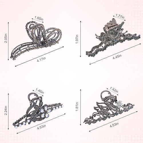 4 Pack Large Black Metal Hair Claw Clips for Women - Vintage Rhinestone Designs