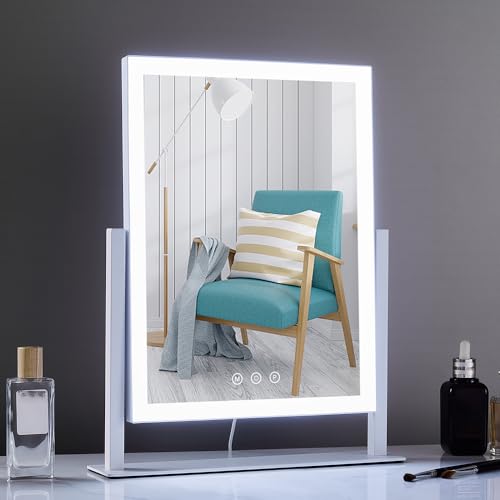 HIEEY Lighted Makeup Mirror, 17.3" x 13" Hollywood Vanity Mirror with Lights, Three Color Lighting Modes, and 5X Magnification Mirror, Smart Touch Control, 360¡ÆRotation (White,Gift Box)