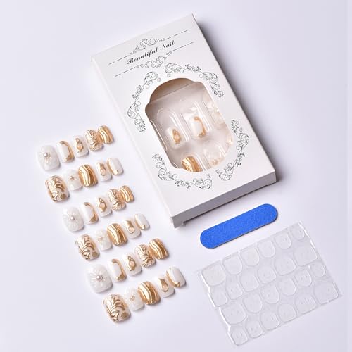 KEHKFSEF 30pcs Flower Press On Nails Short Square White Glossy with 3D Floral Glitter Leaves for Women - Variation 03