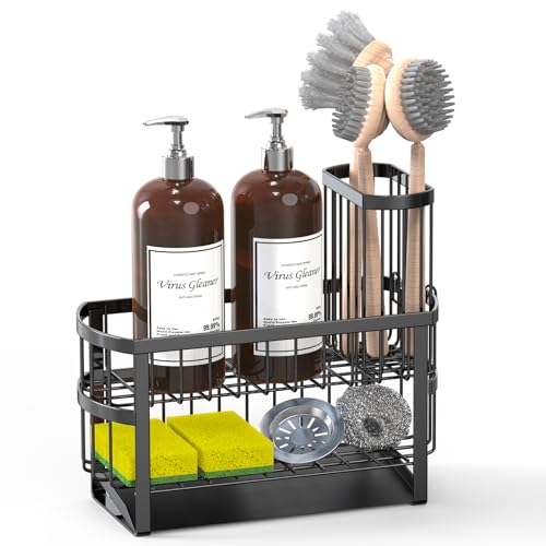 2-Tier Kitchen Sink Organizer Caddy with Brush Holder - Black