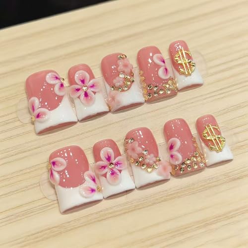 Handmade Duck Nails Style 22 - 10 Pcs Pink French Press On Nails with 3D Flower Designs