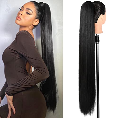 SEIKEA 35 Inch Black Synthetic Drawstring Ponytail Extension - Long & Natural