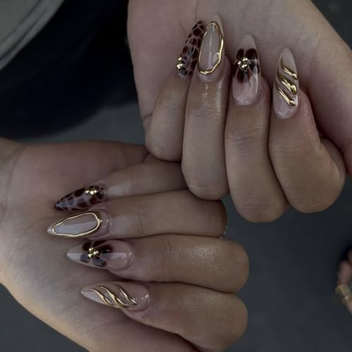 Almond Medium Leopard Press On Nails - 24 Pcs with Floral Design