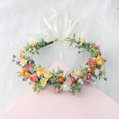Boho Floral Wreath Headband - White Pink Orange Leaf Bridal Hair Crown