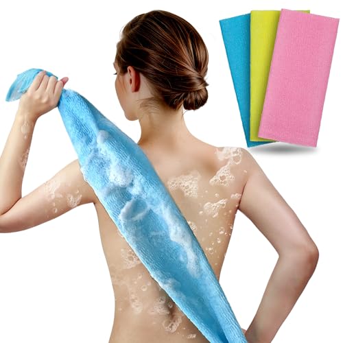 ARCH&M 3-Pack Japanese Exfoliating Shower Towels - Long Body Scrubbers in Red, Yellow, Blue