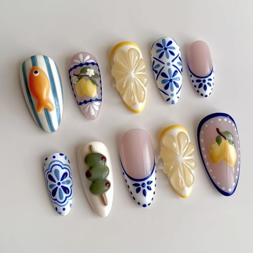 24Pcs Almond Press on Nails - Cute French Tips Manicure Set
