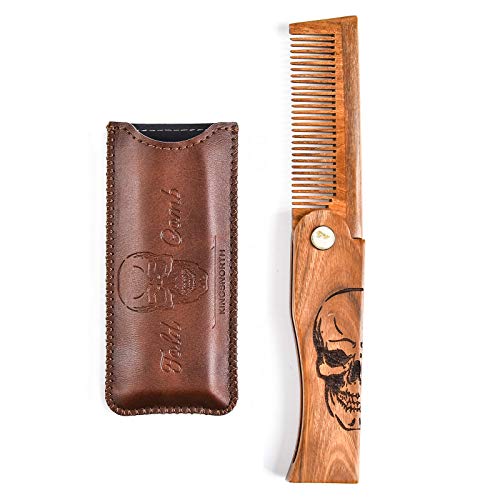 Menesia Skull Folding Wooden Beard Comb for Men with Leather Travel Case