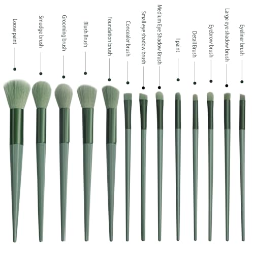 SruidyLady Green Makeup Brush Set 13 Pcs - Synthetic Face & Eye Brushes