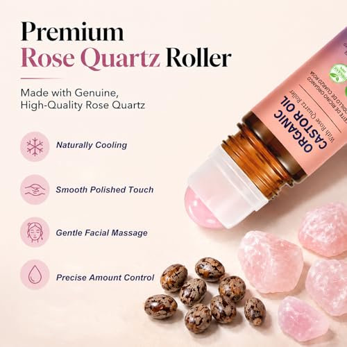 Organic Castor Oil Roll-On with Rose Quartz Roller - 100% Pure for Hair, Skin & Nails