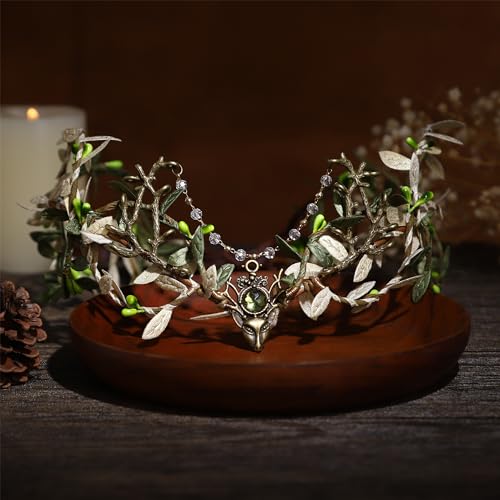 MOSTORY Handmade Green-Beige Forest Leaf Crown for Cosplay & Parties