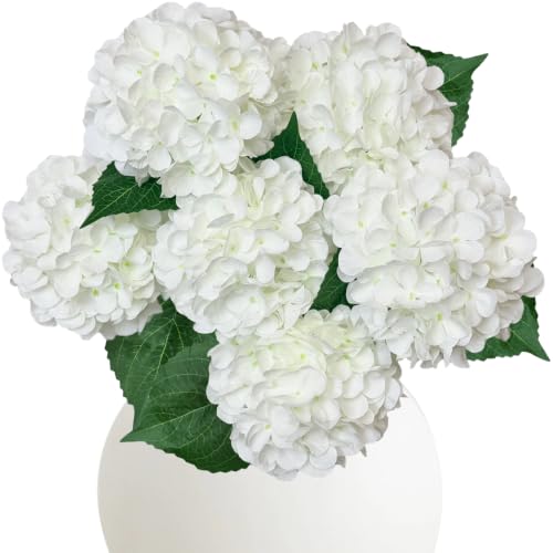 6PCS White Artificial Hydrangea Flowers - Realistic Silk Faux Bouquets