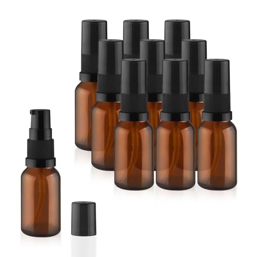 Wresty 10 Pack 0.5 Fl Oz Amber Glass Pump Bottles Refillable Cosmetic Dispensers