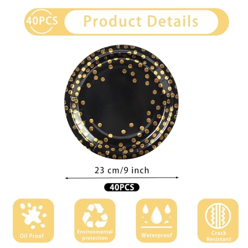 Black Paper Plates 9 Inch - 40 Count with Gold Foil Polka Dots