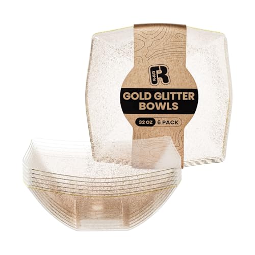 R-kay 6 Pack Gold Glitter Plastic Serving Bowls - 32 Oz Heavy Duty for Parties