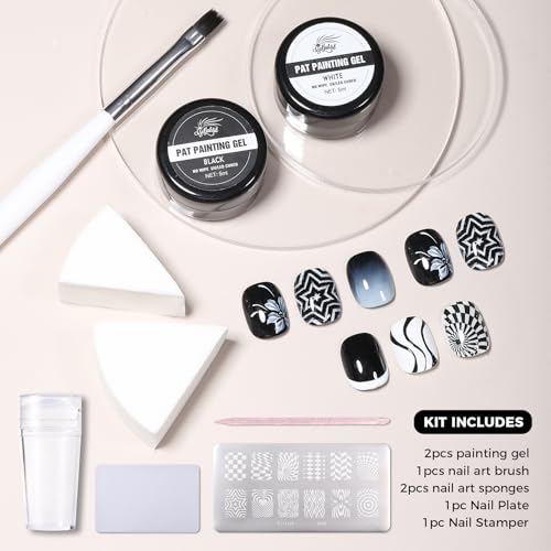 Black & White Nail Art Gel Set with Tools for DIY Manicure & Stamping