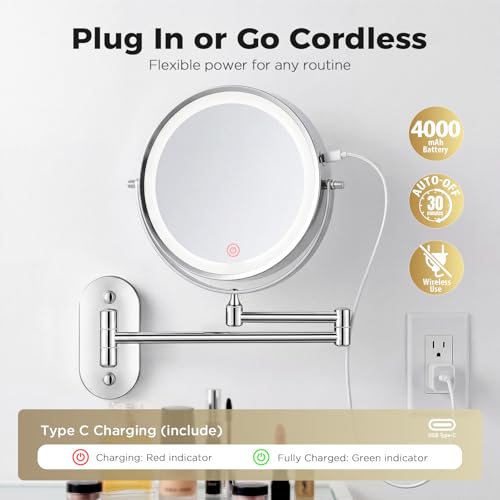 Wall Mounted Makeup Mirror with Light, 8 Inch 1X/30X Magnifying Mirror, Rechargeable 4000mAh, Double Sided, Extendable Arm, 360¡Æ Swivel Bathroom Mirror