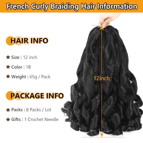 12 Inch French Curl Braiding Hair - 8 Packs Synthetic Loose Wavy 1B