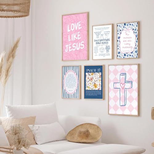 Christian Wall Art Set - Pink Blue Bible Verse Canvas Prints 8x10