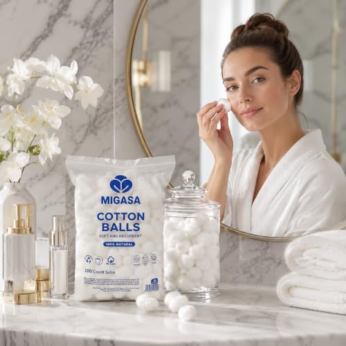Migasa 100% Pure Hypoallergenic Cotton Balls – 200 Count Soft Skincare