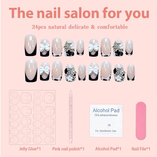 24Pcs French Tip Short Square Press on Nails with 3D Stars & Bows