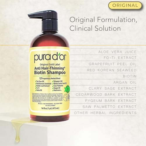 PURA D'OR Anti-Thinning Biotin Shampoo and Conditioner, CLINICALLY TESTED Effective Results, Herbal Blend Thickening Products For Women & Men, Original Gold Label Set, Natural Earthy Scent, 16oz x2 | Deep Moisturizing