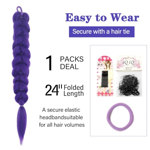 Purple Hair Extensions 24 Inch Braided Ponytail with Elastic Tie for Cosplay & Parties