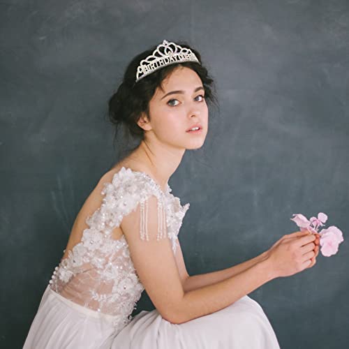 AB Silver Birthday Crown & Sash Set for Women - Rhinestone Tiara & Glitter Sash