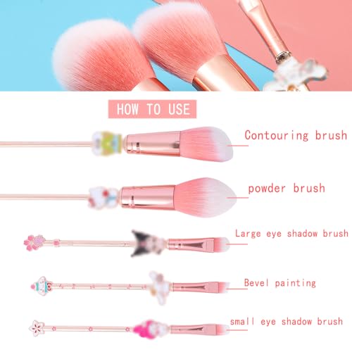 Dusty Rose Anime Makeup Brush Set - 5pcs Cute Cartoon Cosmetic Brushes for Face & Eyes