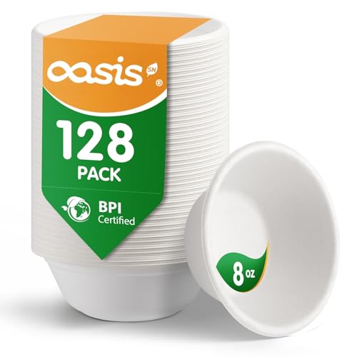 OasisSN 128-Pack Compostable Paper Bowls - Eco-Friendly, Heavy-Duty, Microwave & Freezer Safe for Desserts & Snacks