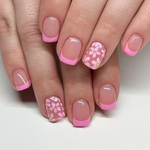 Short Nude Pink French Tip Press On Nails with Floral Design