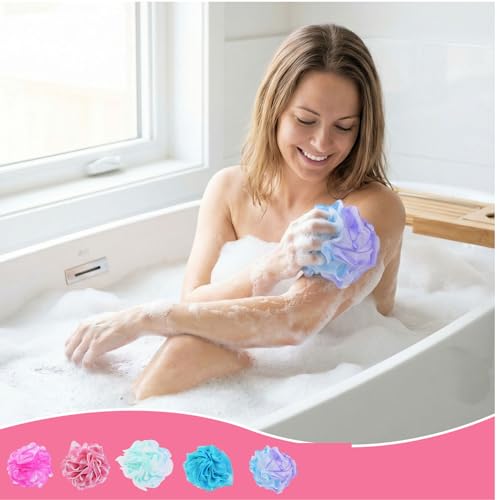 5 Pack Soft Mesh Shower Loofahs in Assorted Colors - Gentle Exfoliating Bath Sponge